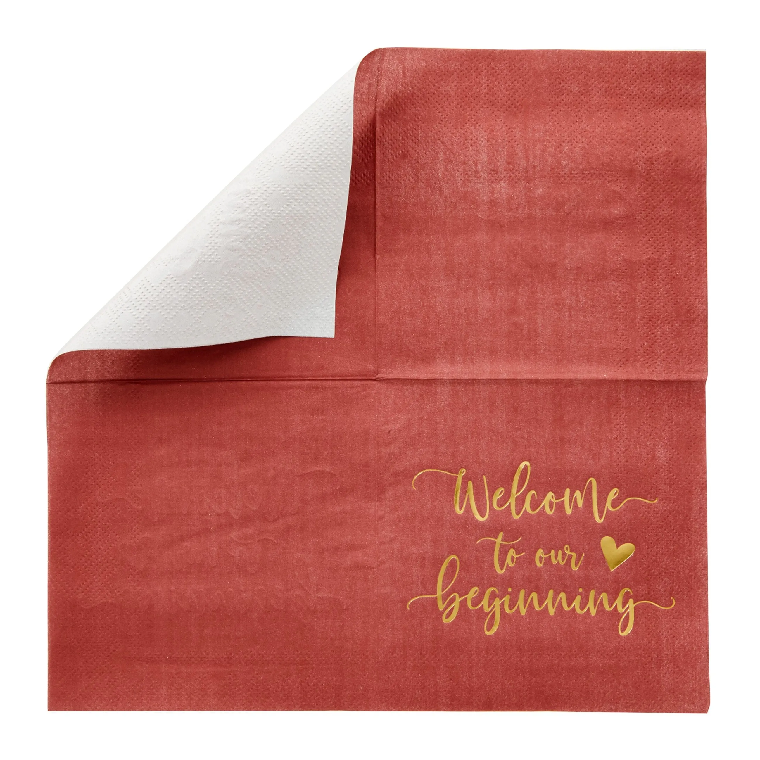 100 Pack Burgundy Wedding Cocktail Napkins Bulk for Reception, Welcome to our Beginning, Gold Foil (5 x 5 In)