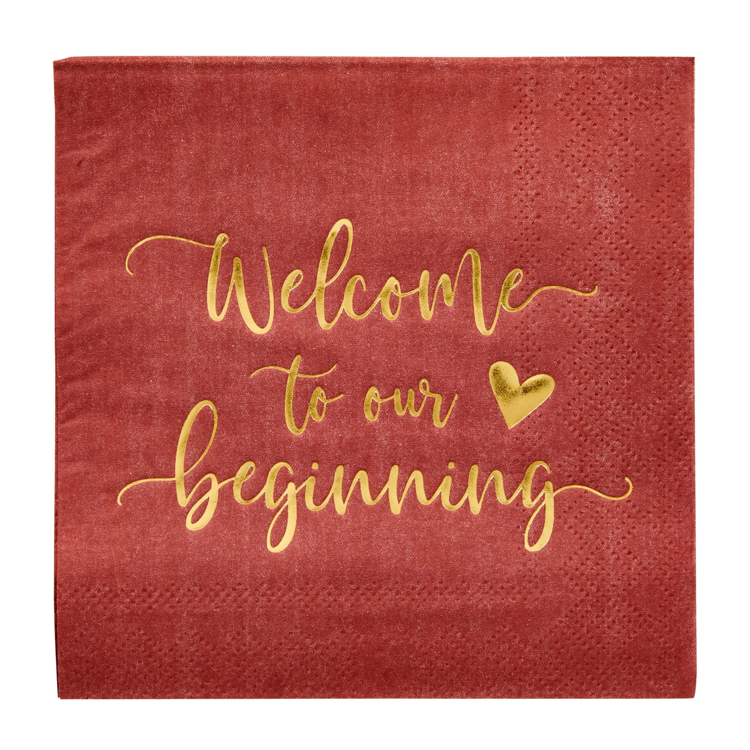 100 Pack Burgundy Wedding Cocktail Napkins Bulk for Reception, Welcome to our Beginning, Gold Foil (5 x 5 In)