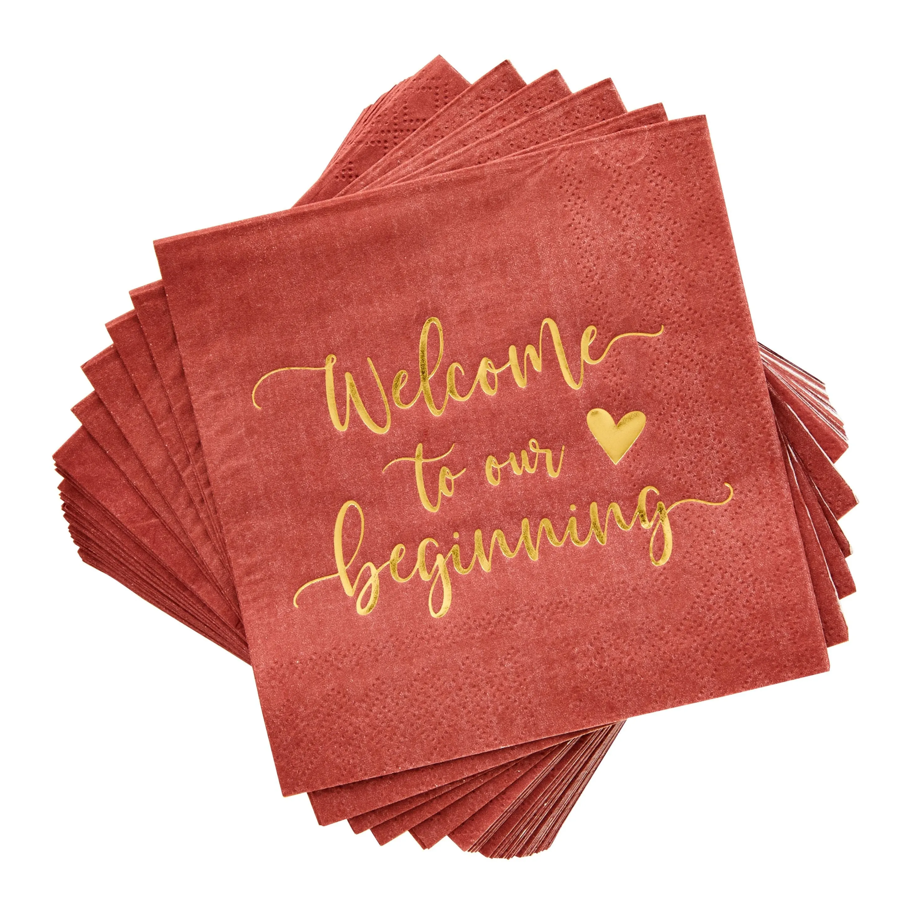 100 Pack Burgundy Wedding Cocktail Napkins Bulk for Reception, Welcome to our Beginning, Gold Foil (5 x 5 In)