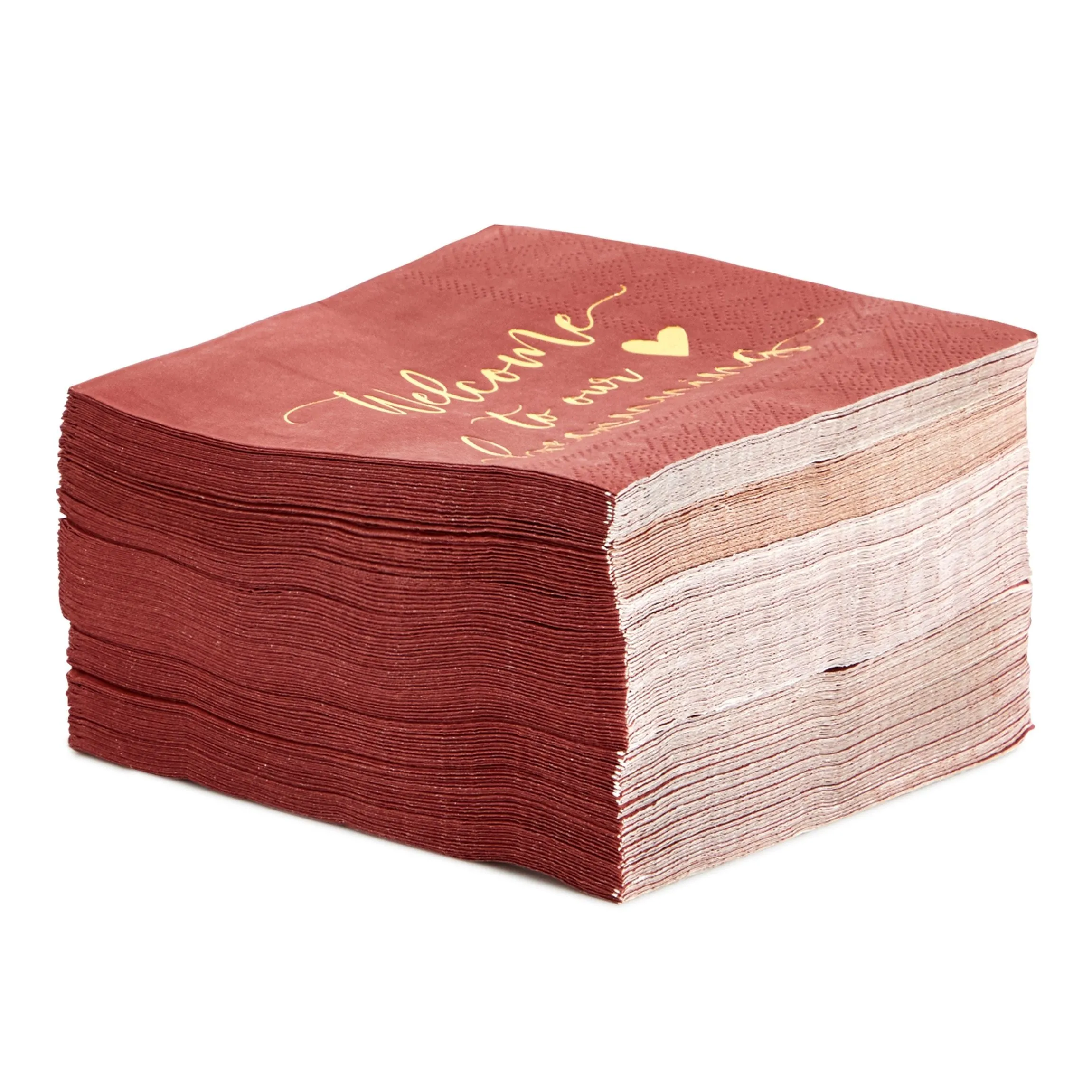 100 Pack Burgundy Wedding Cocktail Napkins Bulk for Reception, Welcome to our Beginning, Gold Foil (5 x 5 In)
