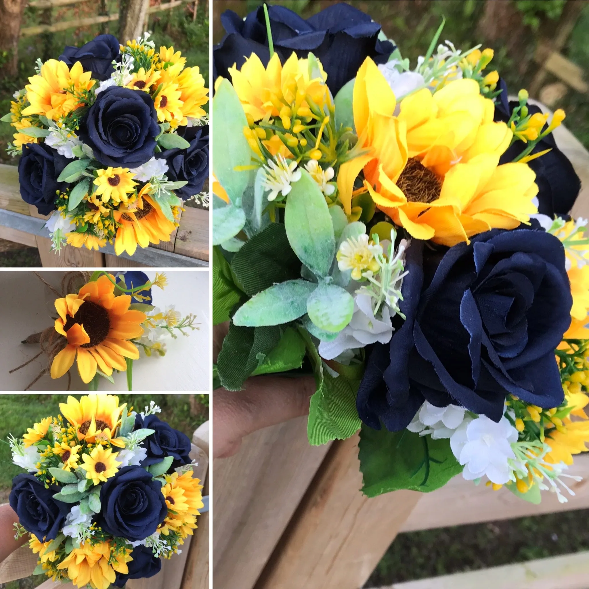 A collection of wedding bouquets featuring  sunflowers and either royal or navy blue roses