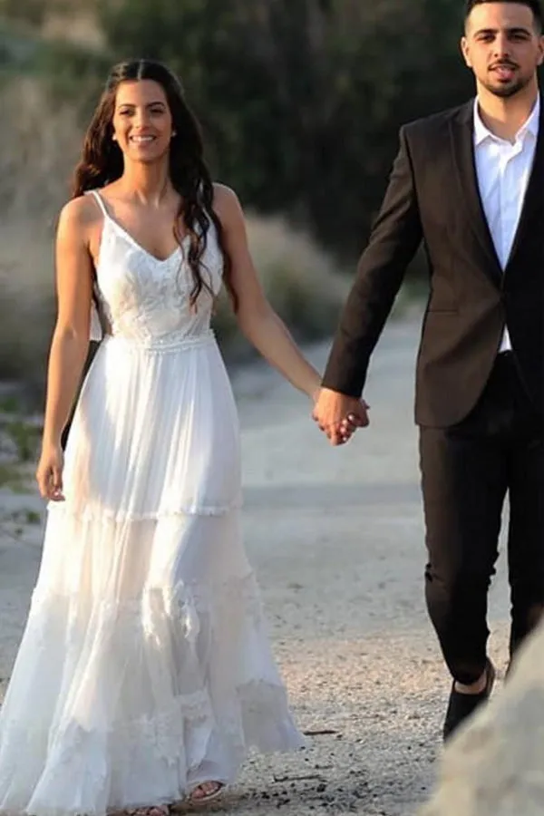 A Line Ivory Chiffon Wedding Dress Backless Bridal Dress
