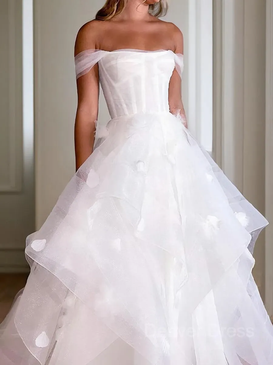 A-Line Off-the-Shoulder Floor-Length Tulle Wedding Dresses