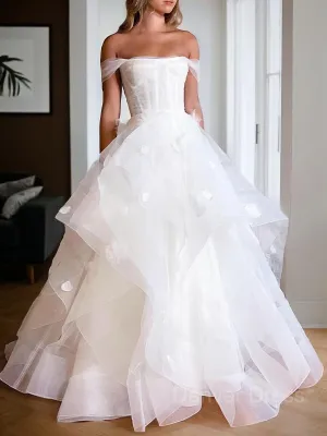 A-Line Off-the-Shoulder Floor-Length Tulle Wedding Dresses