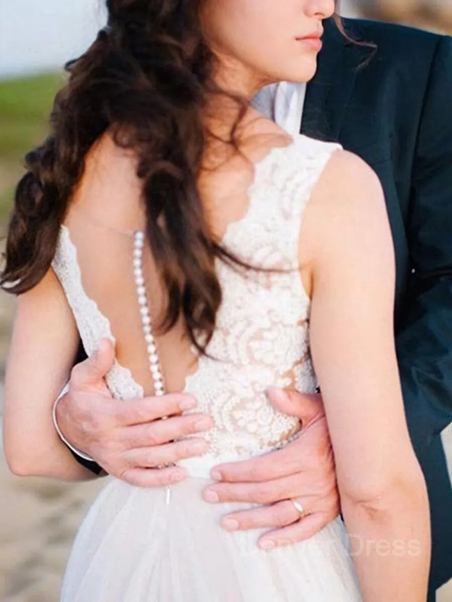 A-Line Scoop Sweep Train Tulle Wedding Dresses