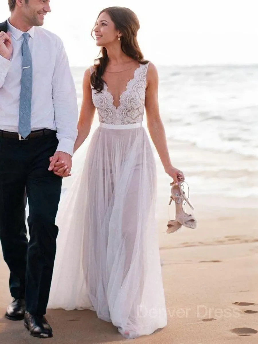 A-Line Scoop Sweep Train Tulle Wedding Dresses