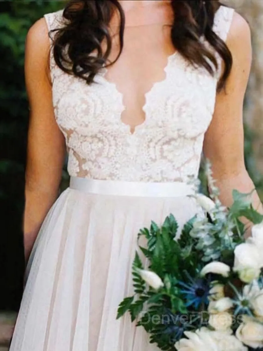 A-Line Scoop Sweep Train Tulle Wedding Dresses