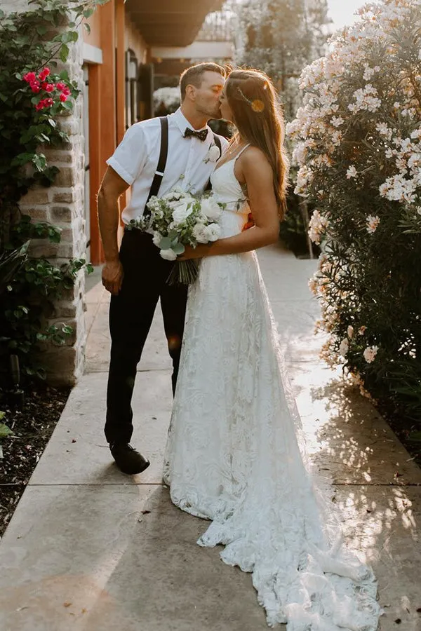 A Line Spaghetti Straps Beach Wedding Dress Lace Bridal Gown