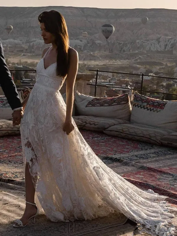 A Line Spaghetti Straps Beach Wedding Dress Lace Bridal Gown