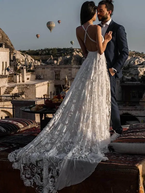 A Line Spaghetti Straps Beach Wedding Dress Lace Bridal Gown