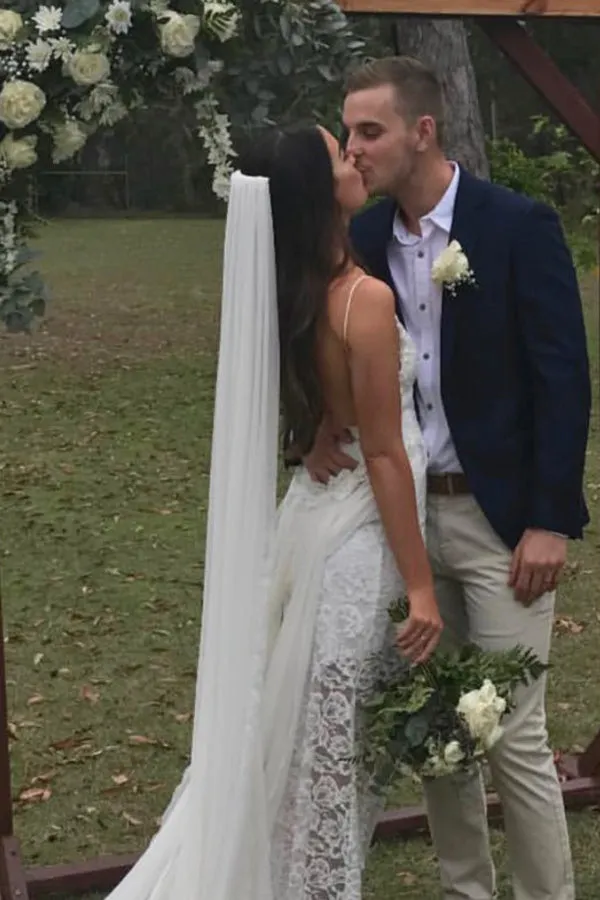 A Line Spaghetti Straps Chiffon Wedding Dress With Slit