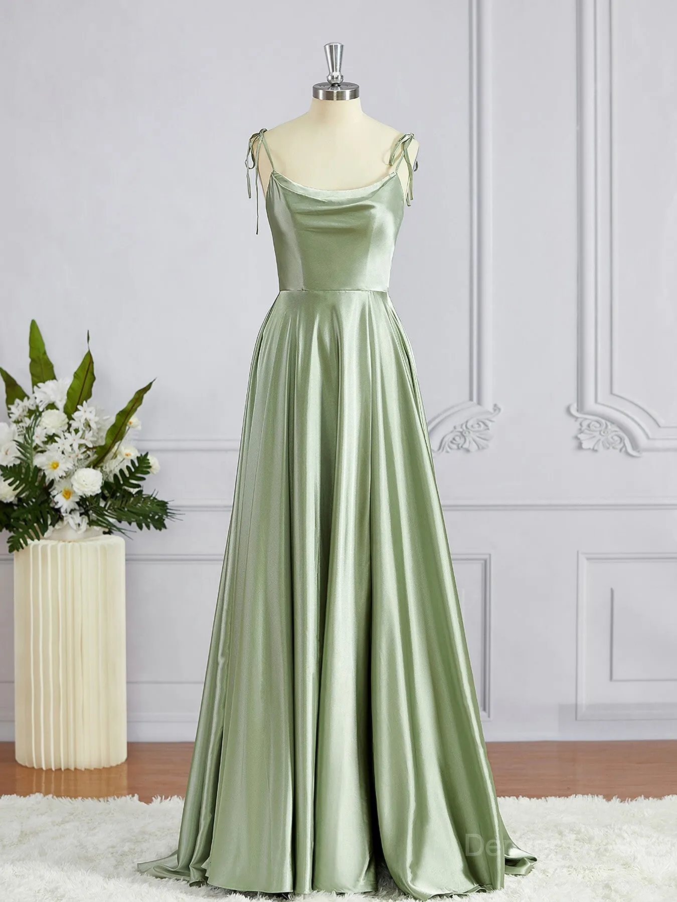 A-Line Square Sweep Train Silk like Satin Bridesmaid Dresses with Leg Slit