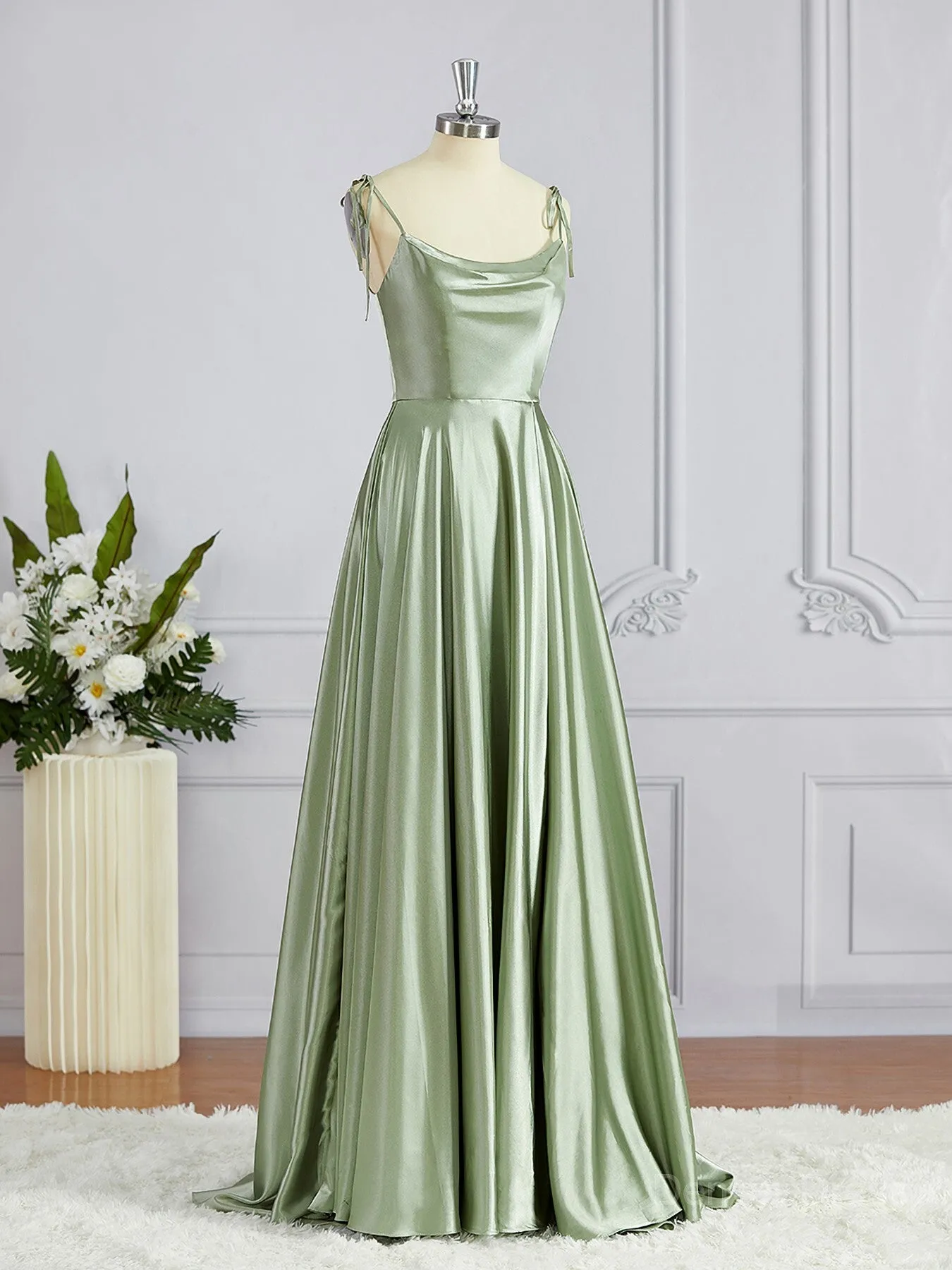 A-Line Square Sweep Train Silk like Satin Bridesmaid Dresses with Leg Slit