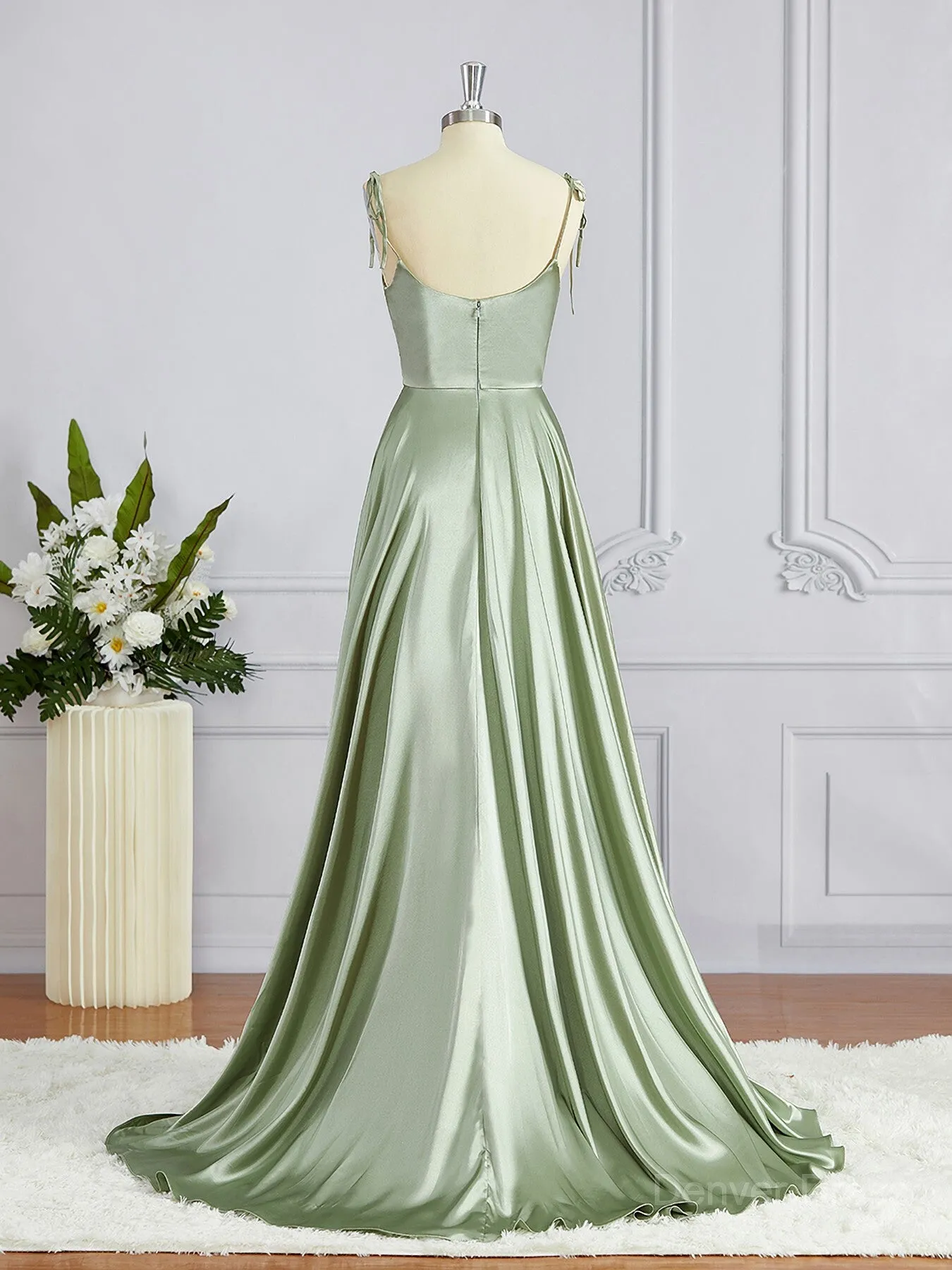 A-Line Square Sweep Train Silk like Satin Bridesmaid Dresses with Leg Slit
