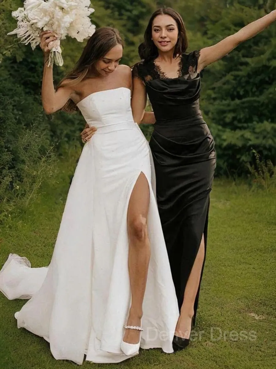A-Line Strapless Cathedral Train Stretch Crepe Wedding Dresses With Leg Slit