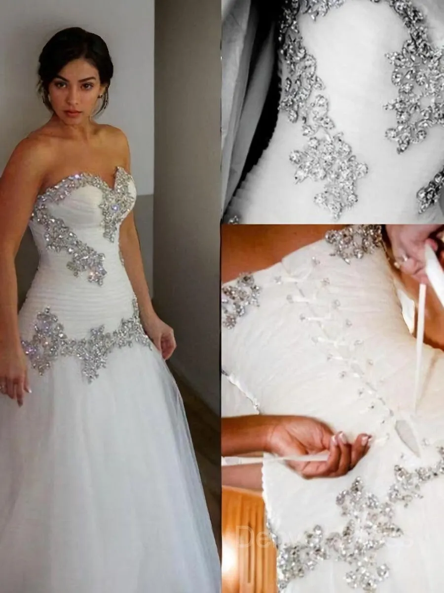 A-Line Sweetheart Floor-Length Tulle Wedding Dresses With Rhinestone