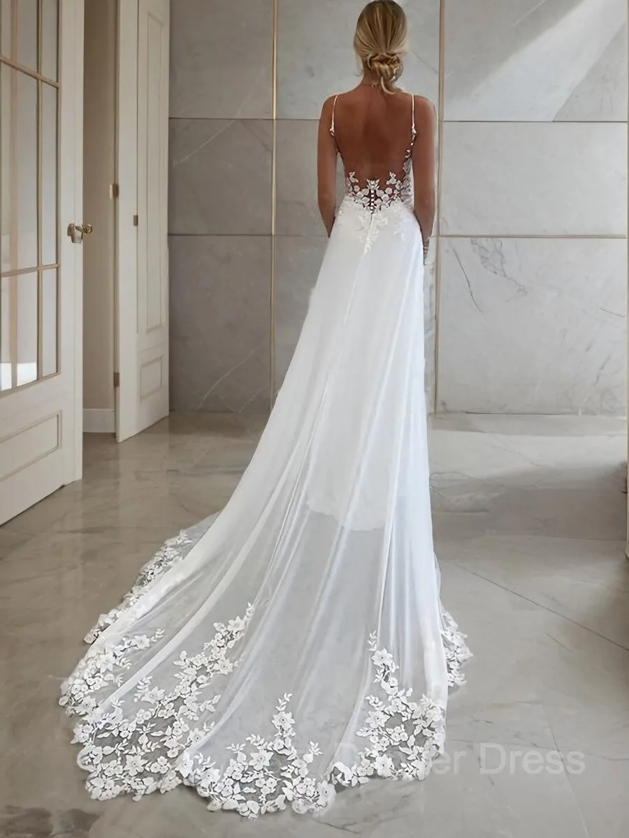 A-Line V-neck Chapel Train Chiffon Wedding Dresses With Appliques Lace