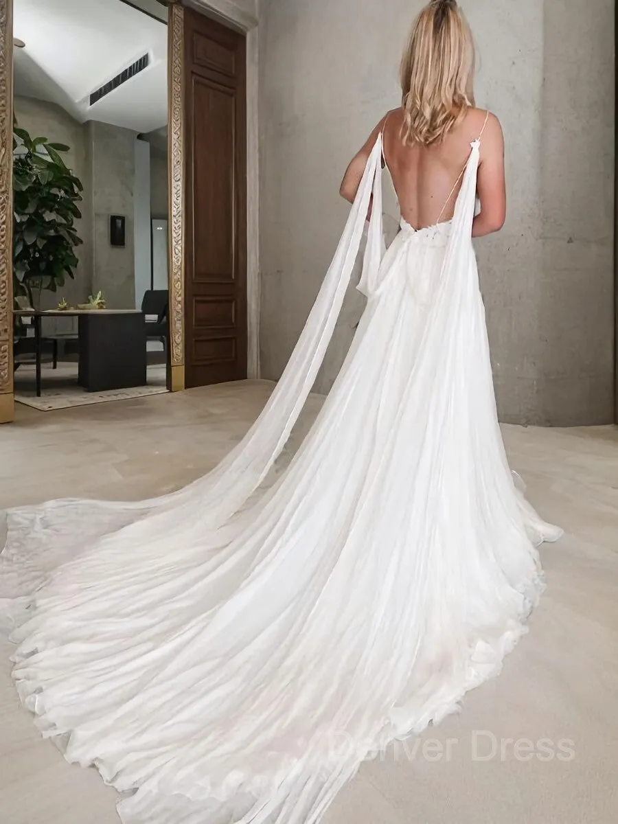A-Line V-neck Chapel Train Chiffon Wedding Dresses With Leg Slit