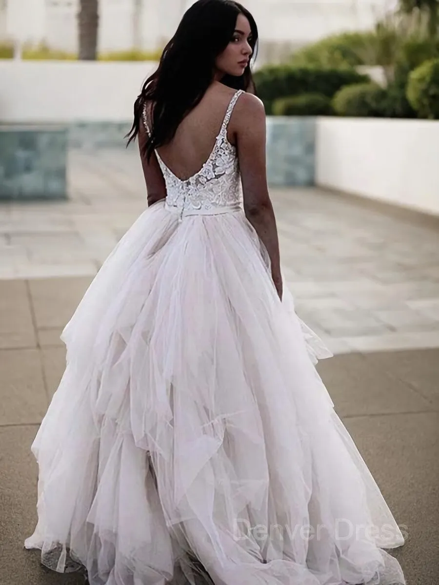 A-Line V-neck Floor-Length Tulle Wedding Dresses With Appliques Lace
