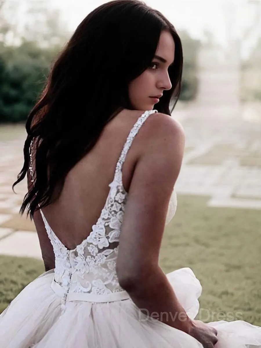 A-Line V-neck Floor-Length Tulle Wedding Dresses With Appliques Lace