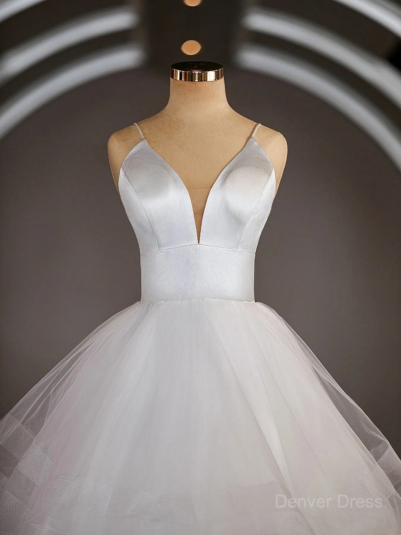A-Line V-neck Floor-Length Tulle Wedding Dresses with Ruffles