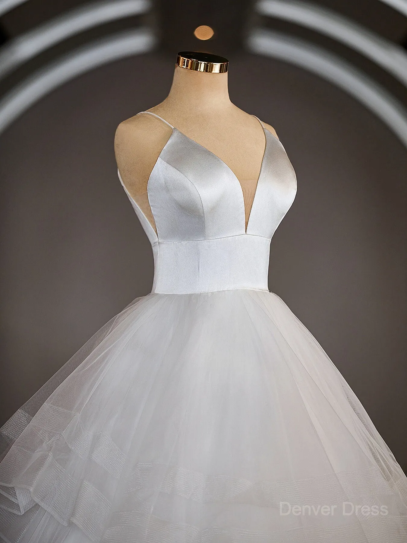 A-Line V-neck Floor-Length Tulle Wedding Dresses with Ruffles