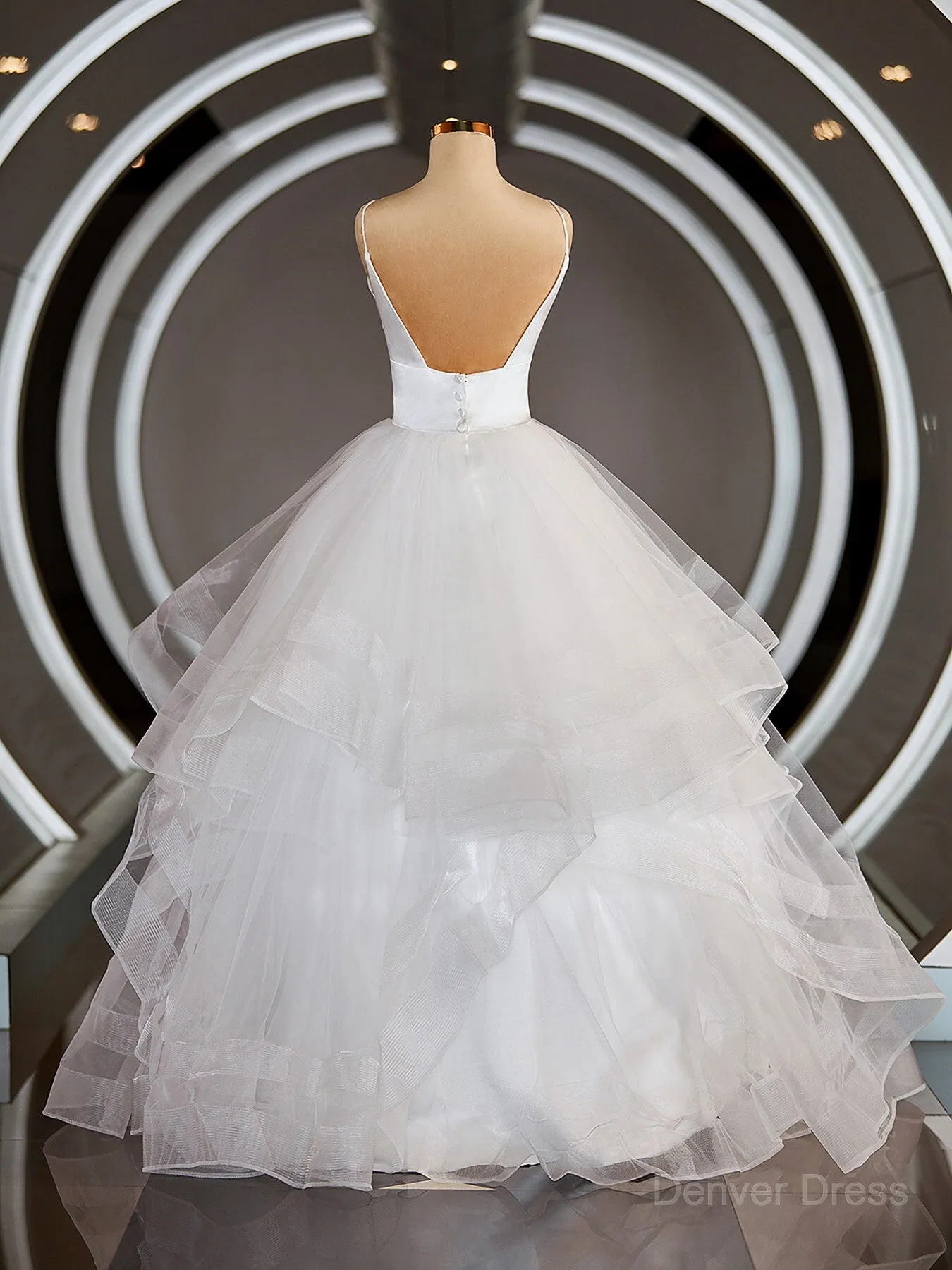 A-Line V-neck Floor-Length Tulle Wedding Dresses with Ruffles