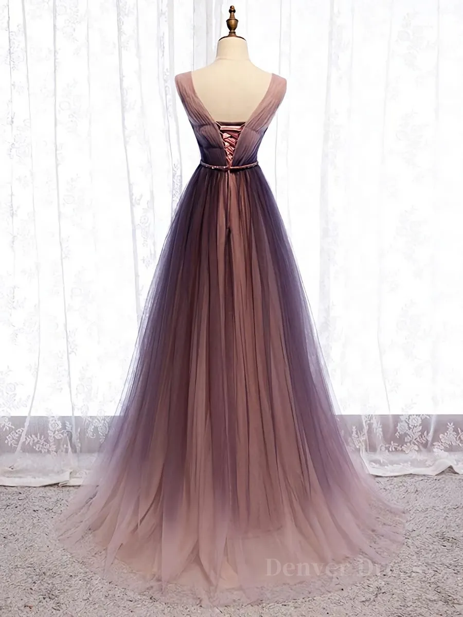 A Line V Neck Purple Ombre Prom Dresses V Neck Purple Ombre Formal Evening Bridesmaid Dresses