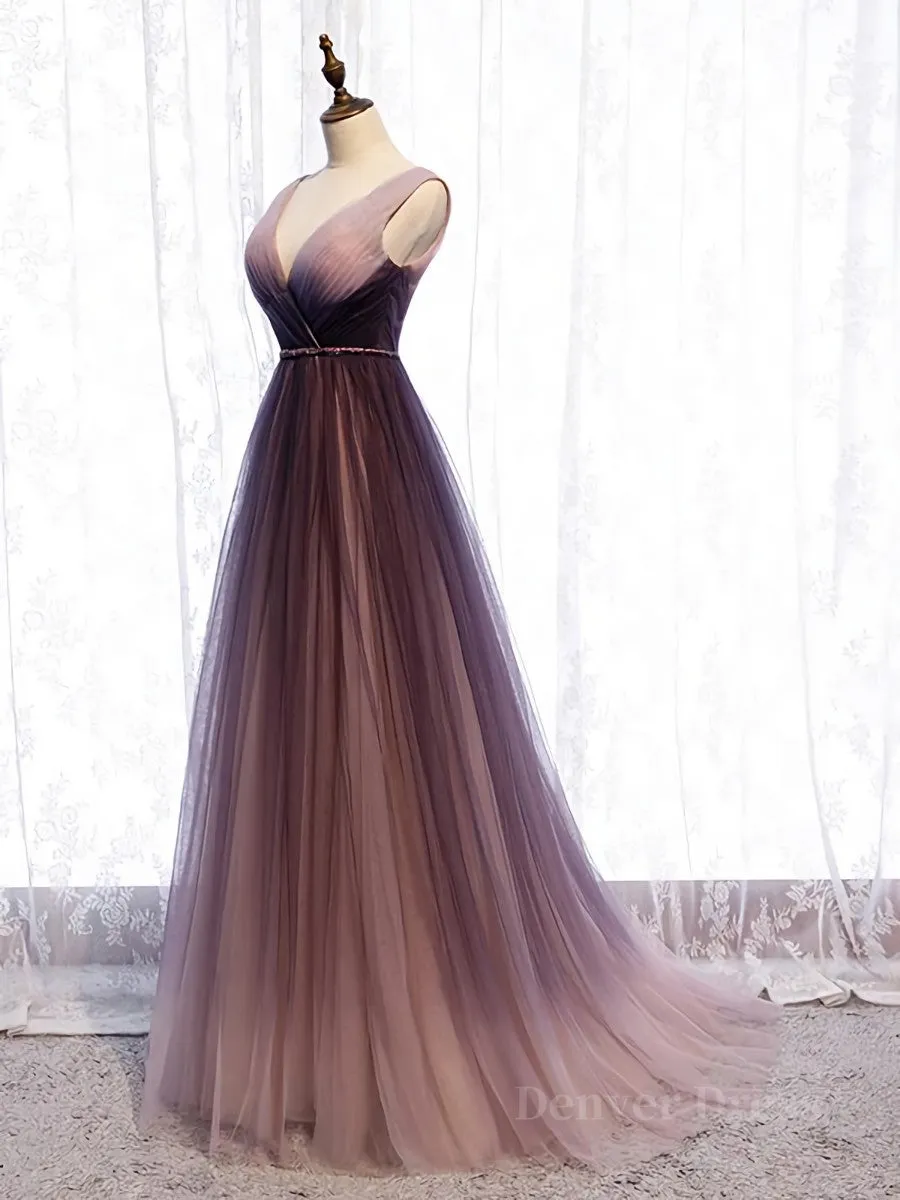 A Line V Neck Purple Ombre Prom Dresses V Neck Purple Ombre Formal Evening Bridesmaid Dresses
