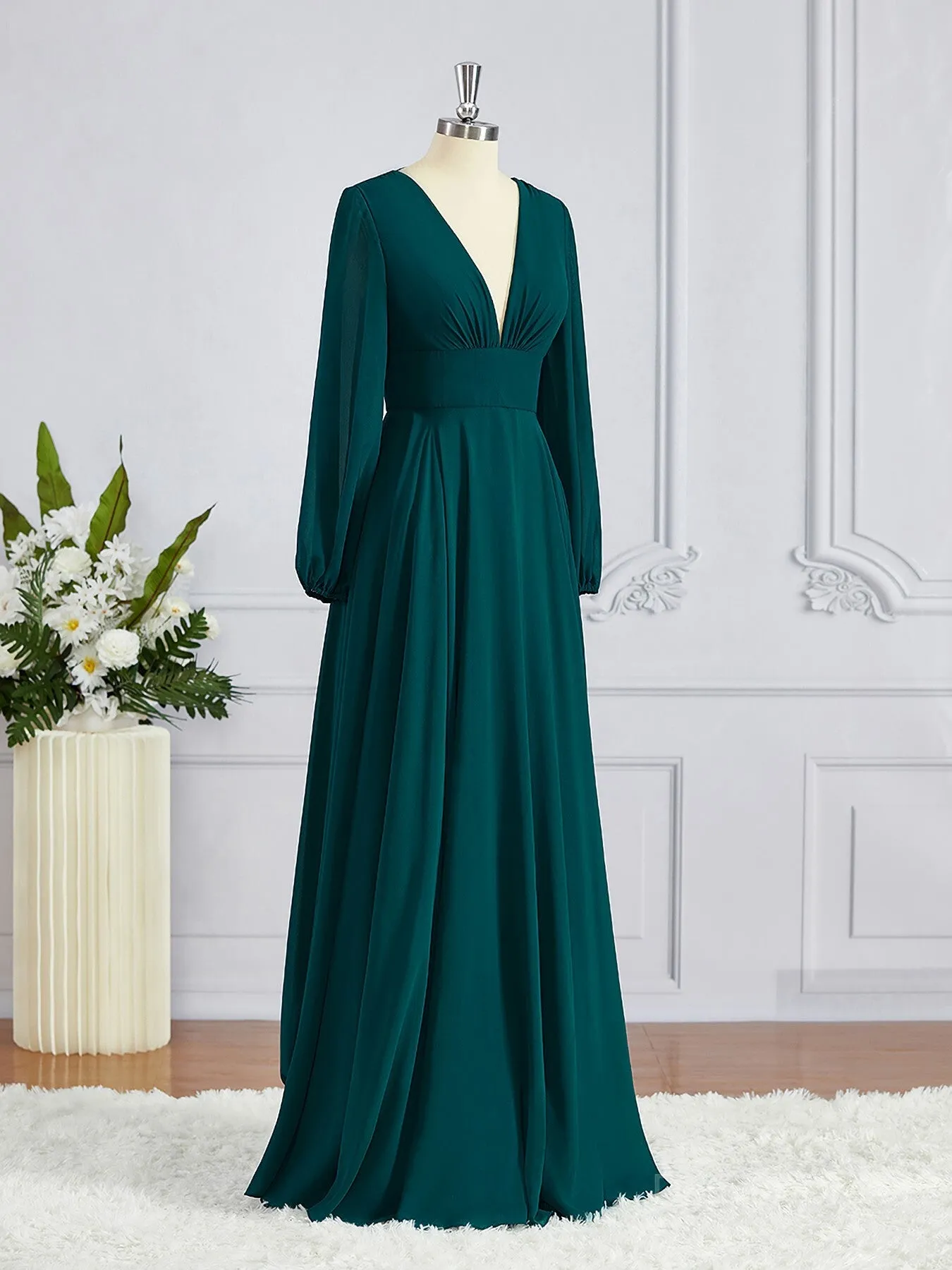 A-Line V-neck Sweep Train Chiffon Bridesmaid Dresses
