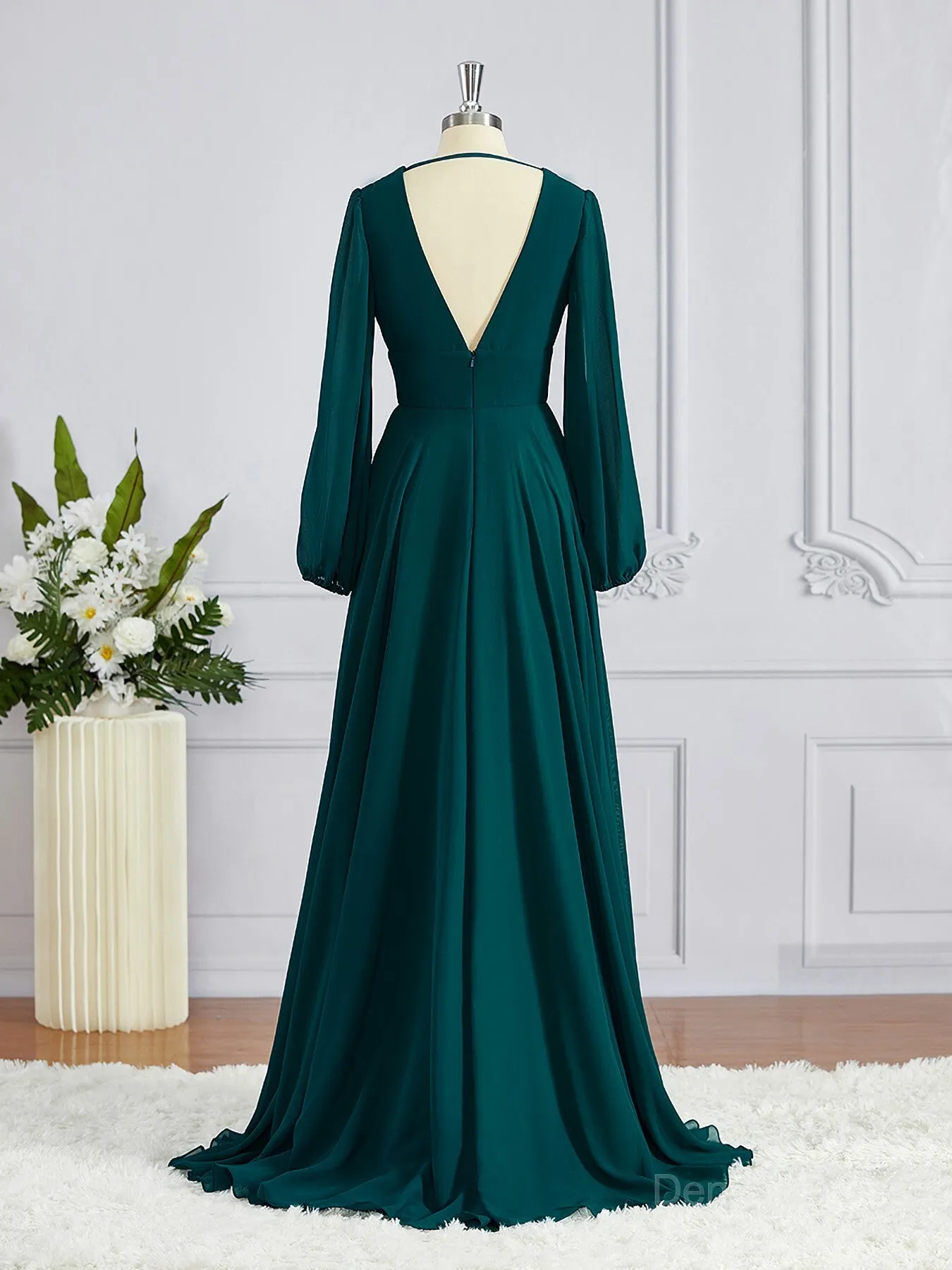 A-Line V-neck Sweep Train Chiffon Bridesmaid Dresses