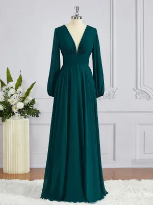 A-Line V-neck Sweep Train Chiffon Bridesmaid Dresses