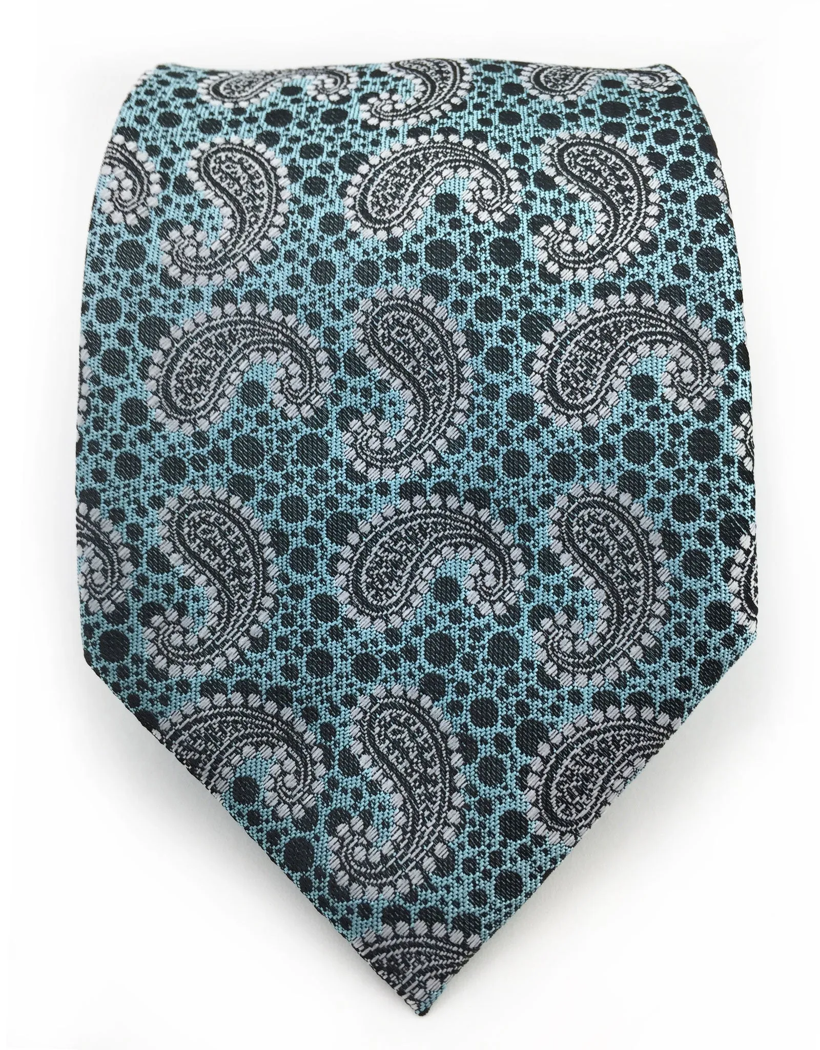 Aqua, Silver and Black Paisley Tie