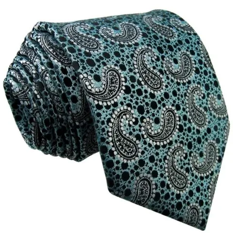 Aqua, Silver and Black Paisley Tie