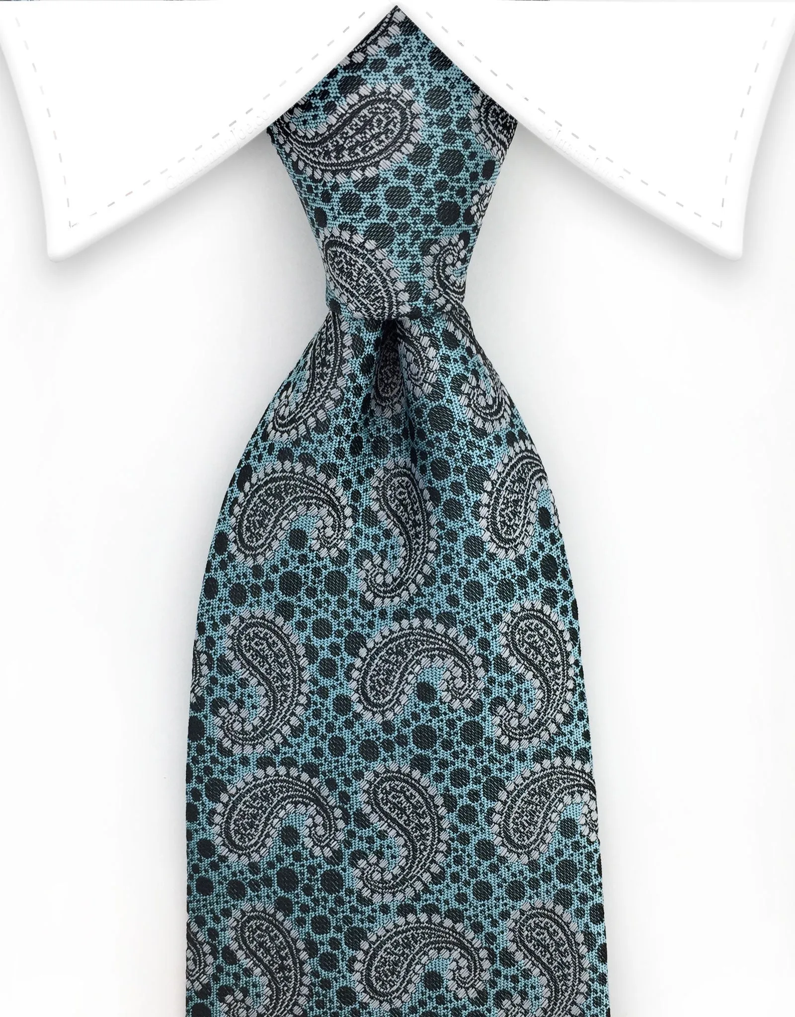 Aqua, Silver and Black Paisley Tie