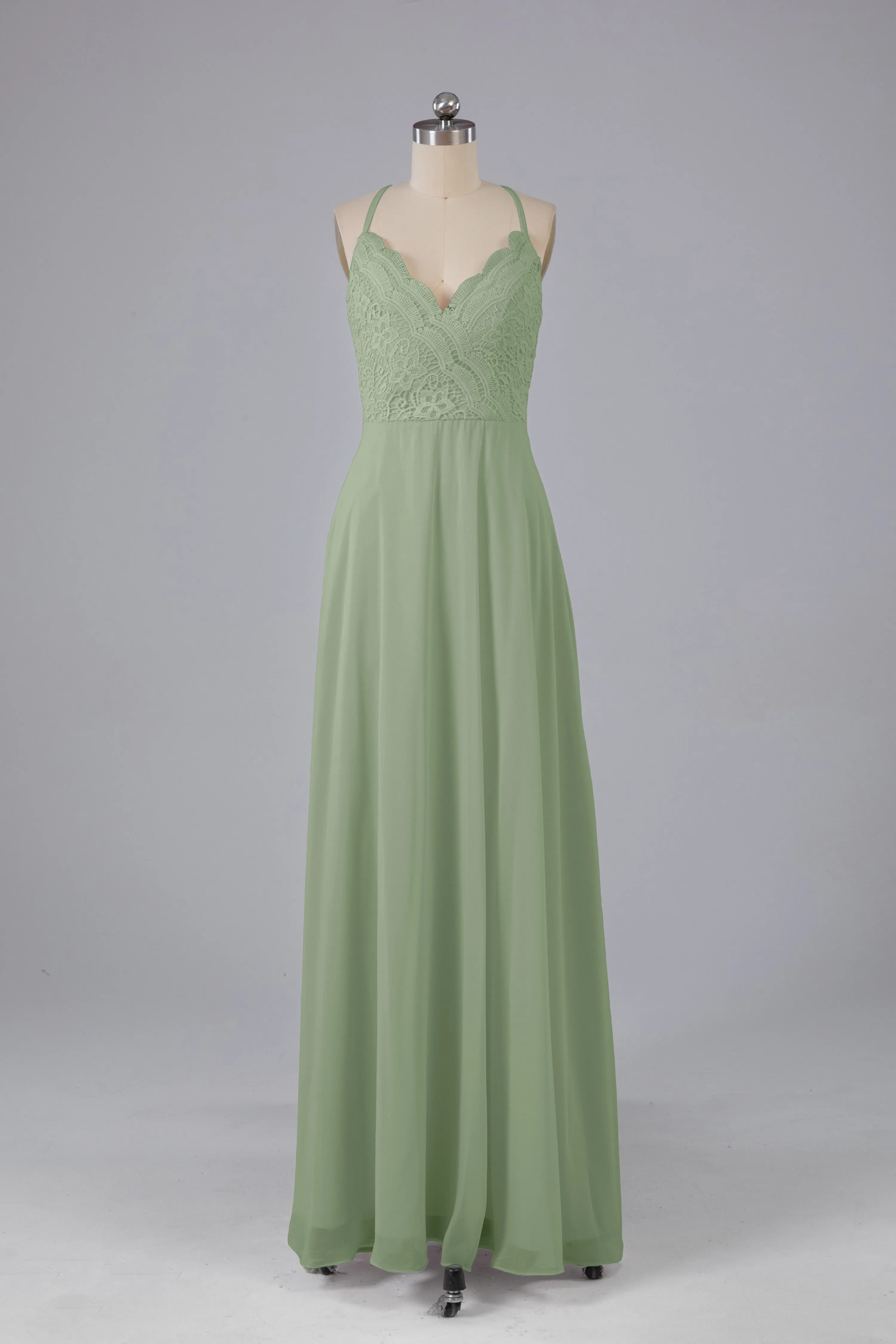 Backless Spaghetti Straps Lace Bridesmaid Dresses