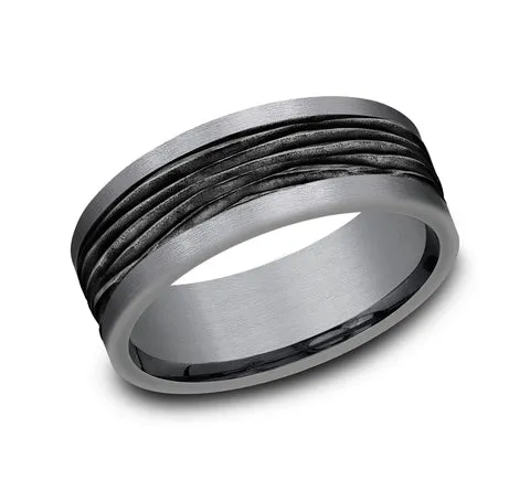 Benchmark 8mm Black Titanium Bark Design Center with Tantalum Edges