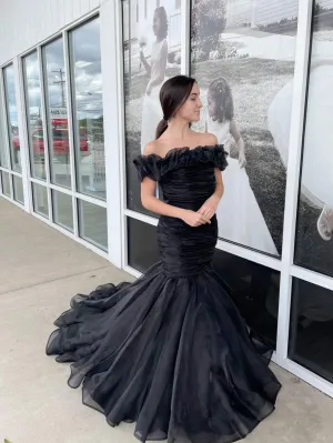 Black off shoulder organza mermaid long prom dress,black evening gown