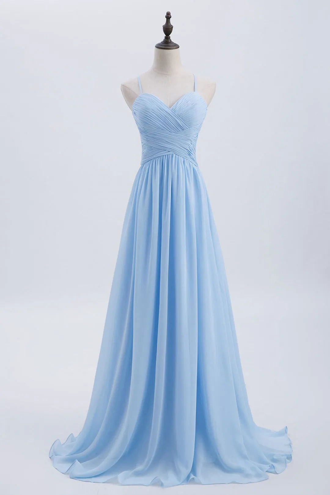 Blue Pleated Straps Chiffon Long Bridesmaid Dress