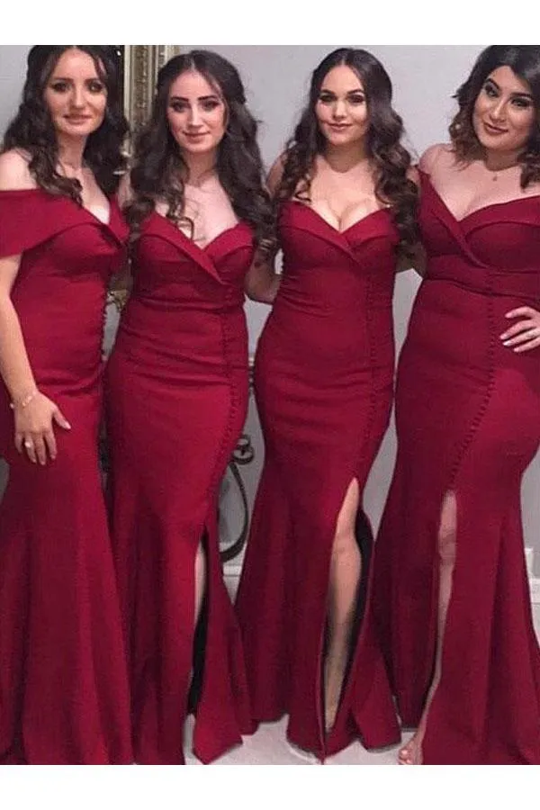 Burgundy Off Shoulder Mermaid Floor Length Bridesmaid Dresses, Split Long Bridesmaid Dress UQ2383
