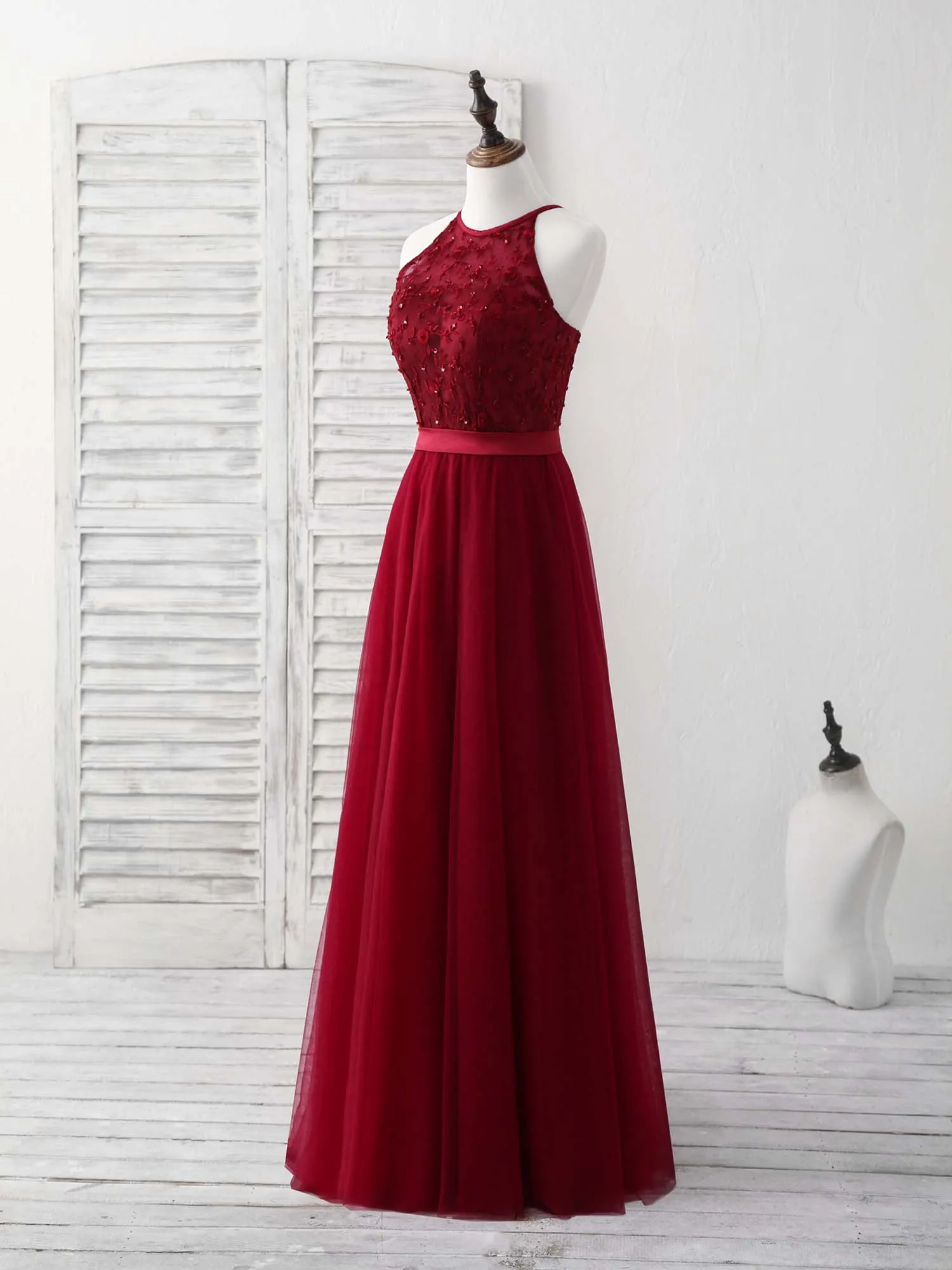 Burgundy Tulle Lace Long Prom Dress, Burgundy Bridesmaid Dress