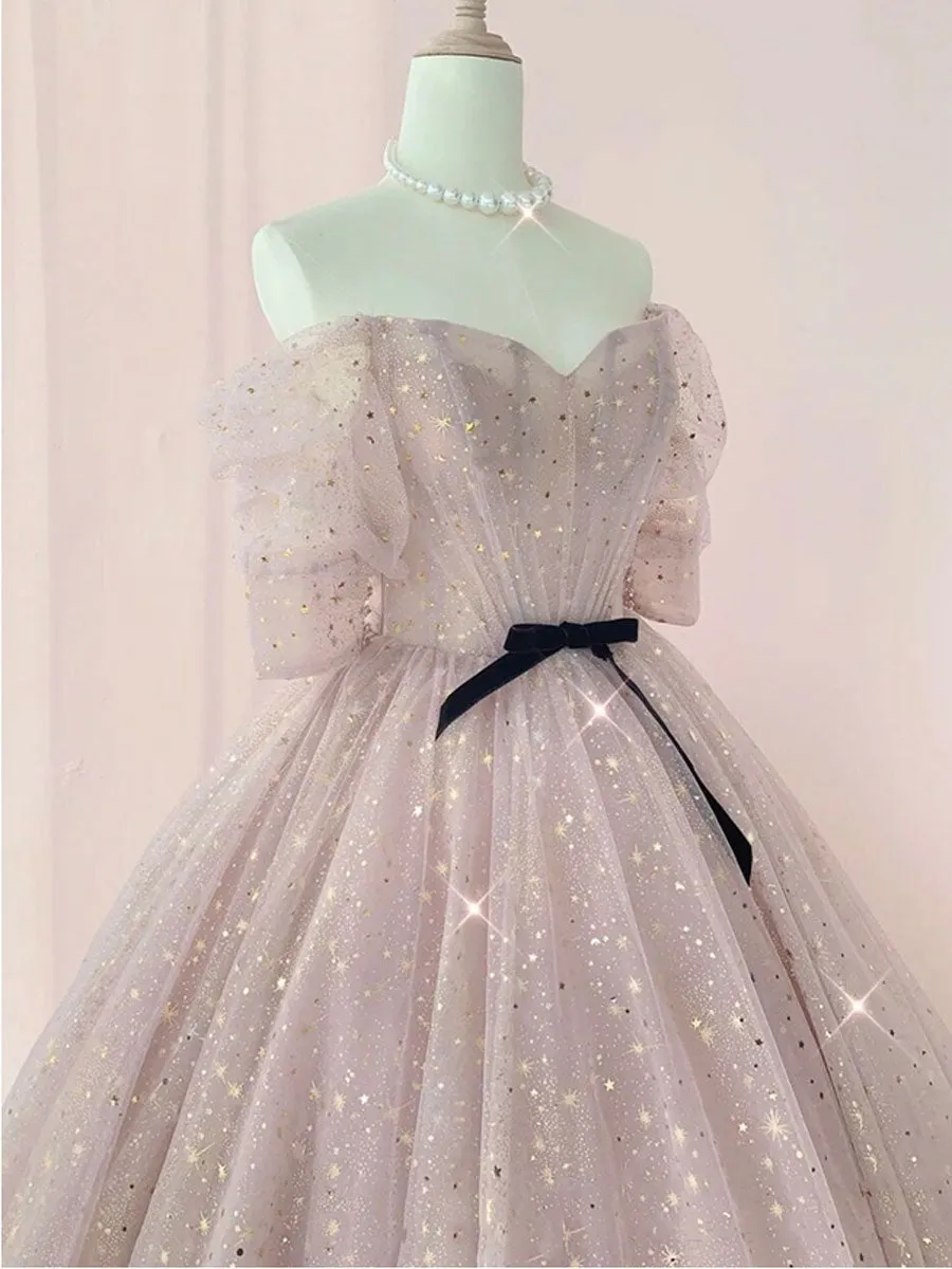 Champagne tulle long prom dress, tulle long evening dress