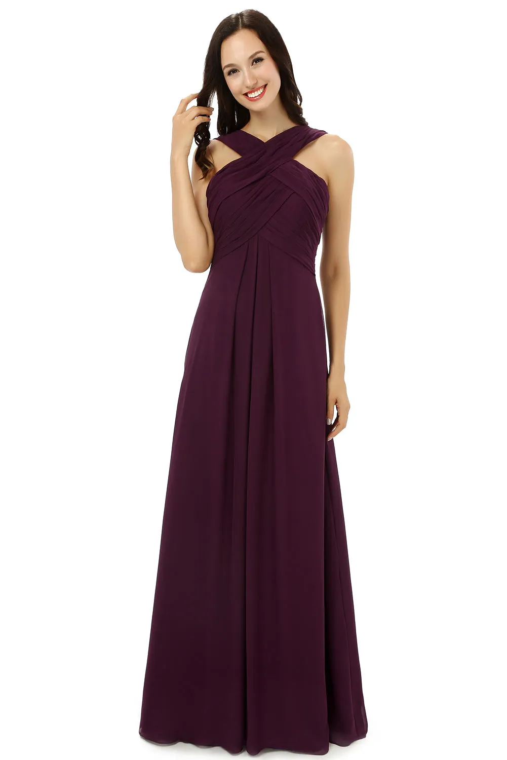 Chiffon Purple Halter Long Bridesmaid Dresses