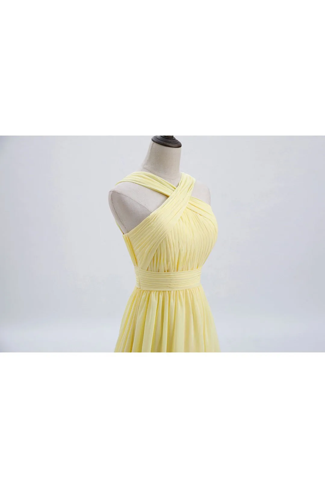 Cross Front Yellow Pleated Chiffon Long Bridesmaid Dress