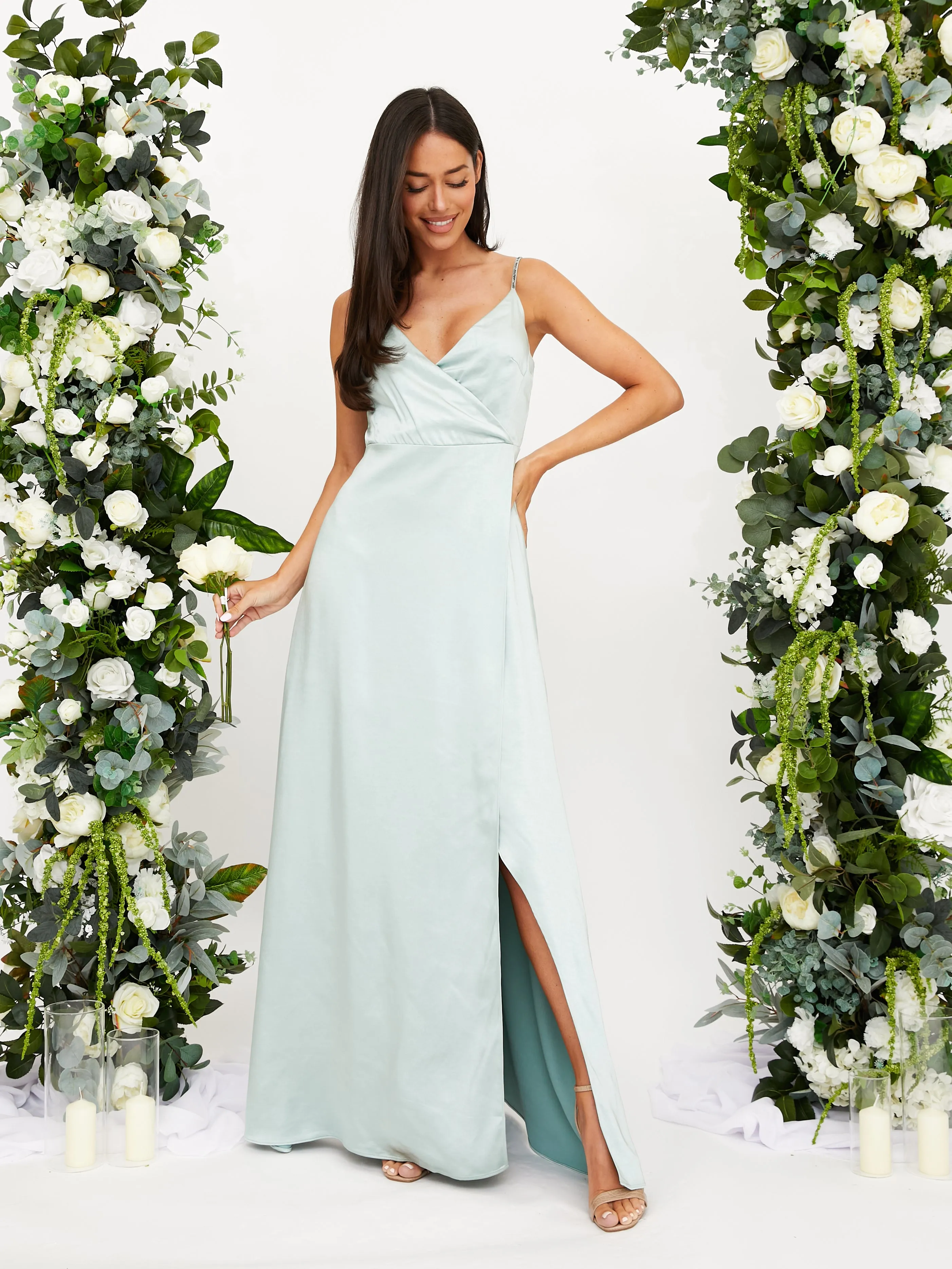 Diamante Strap Maxi Satin Dress / Sage