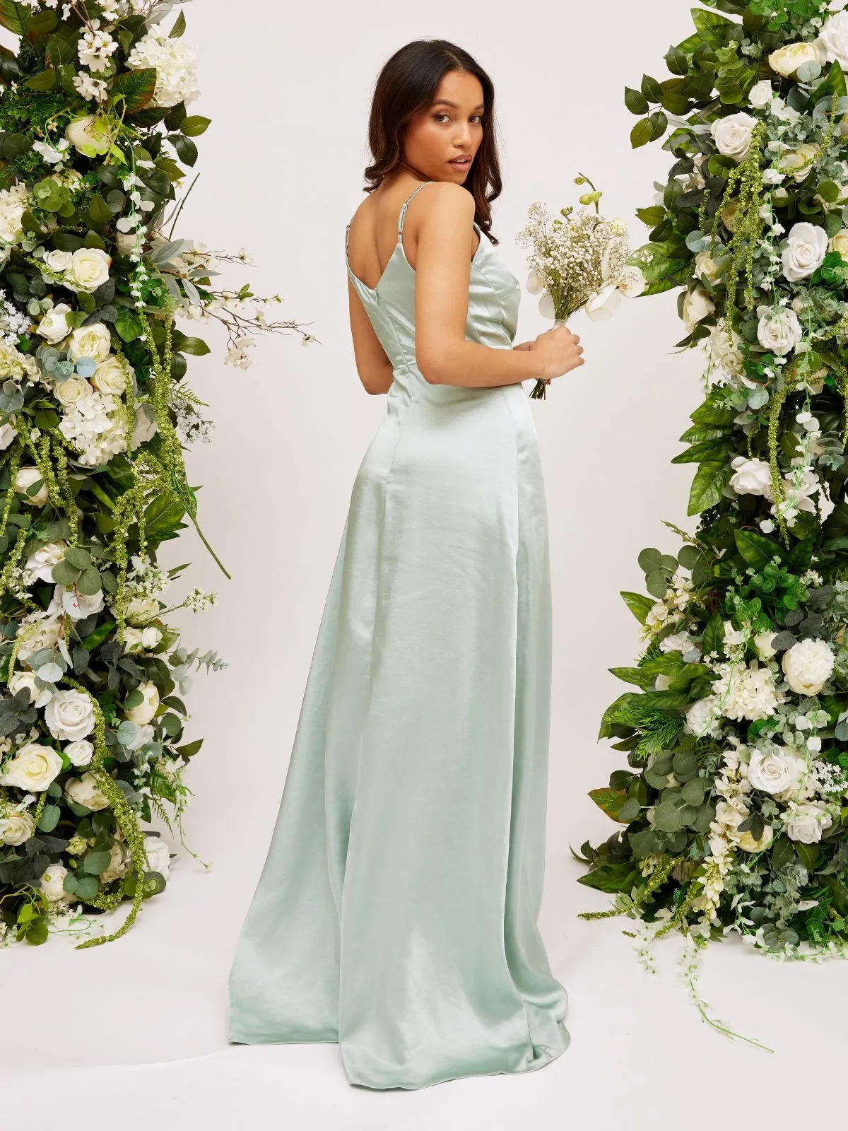 Diamante Strap Maxi Satin Dress / Sage
