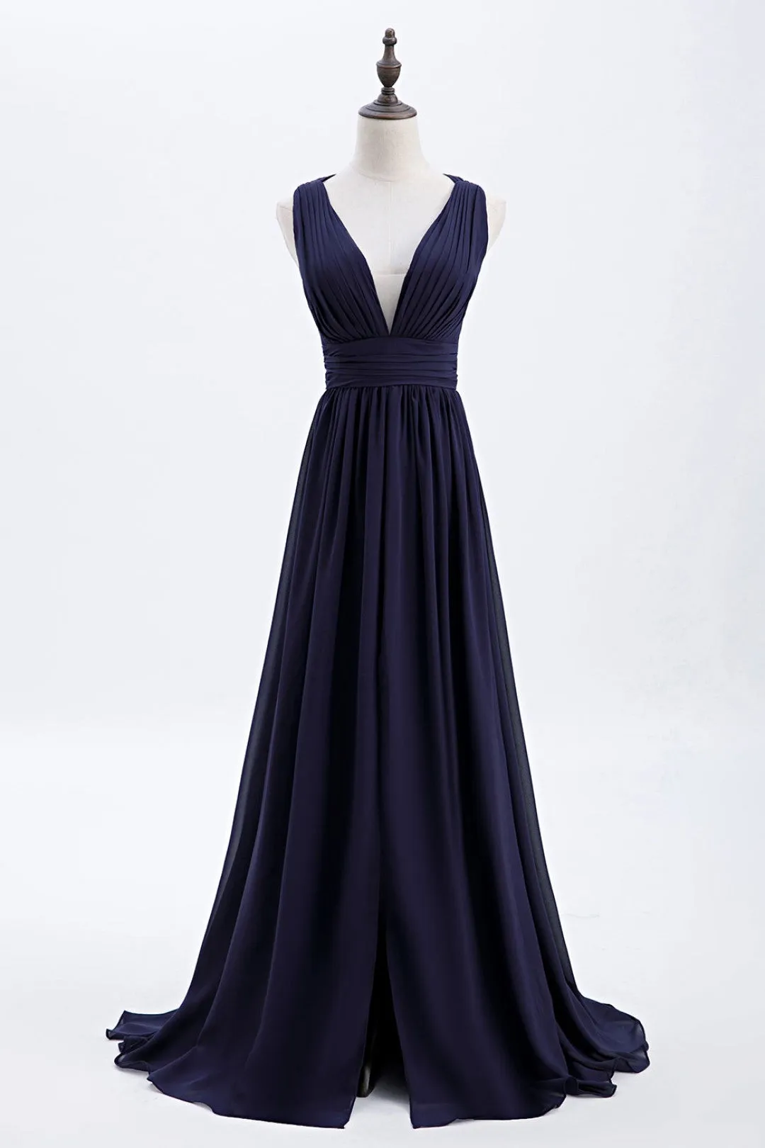 Empire Navy Blue Chiffon A-line Long Bridesmaid Dress