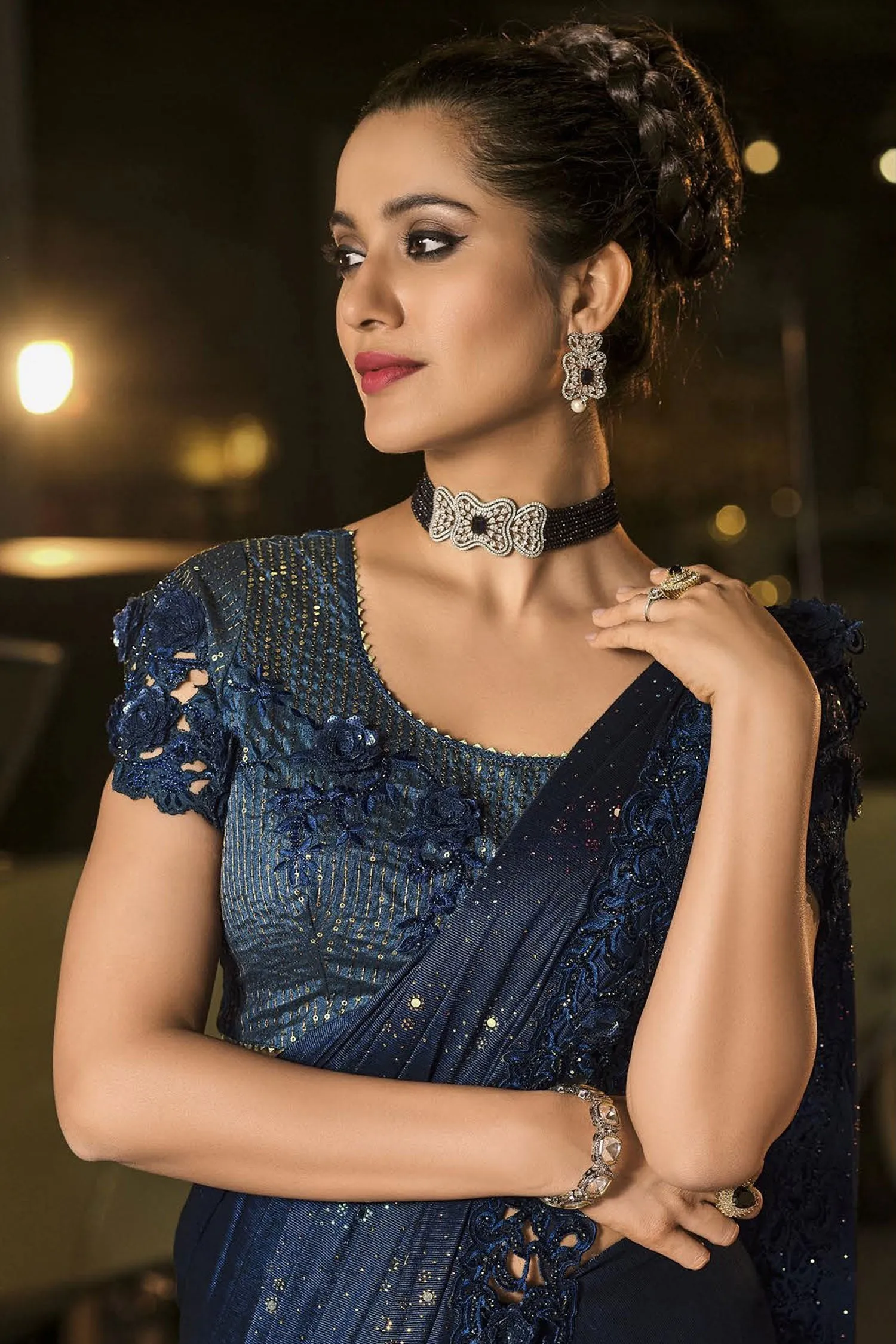 Fancy Navy Blue Luxe Fabric Designer Saree
