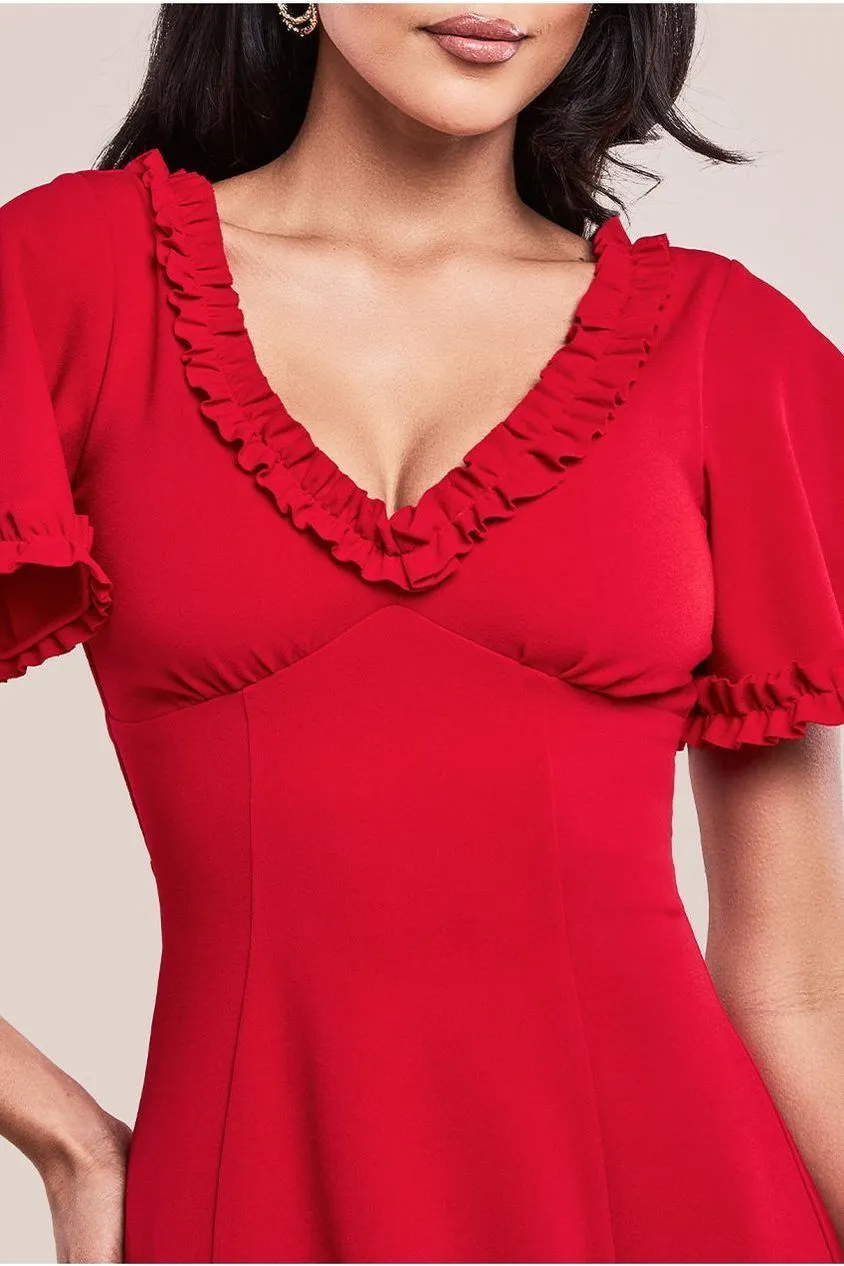 Goddiva Flare Sleeve Frill Edge Midi Dress - Red