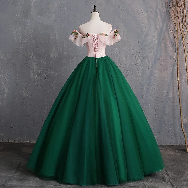 Green Off Shoulder Tulle with Lace Formal Gown, Green Evening Sweet 16 Dresses